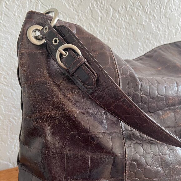 Franco Sarto Distressed Vegan Brown Glazed Embossed Croc Hobo Sholder Handbag - Picture 8 of 16